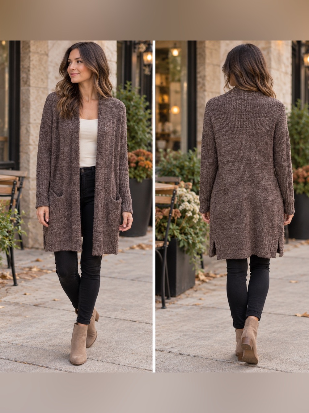 Barefoot Dreams CozyChic Lite Long Weekend Cardigan XS Taupe Open Front Pockets